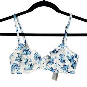 Victorias Secret Floral Underwire Swim top 32A Blue & White Scalloped trim